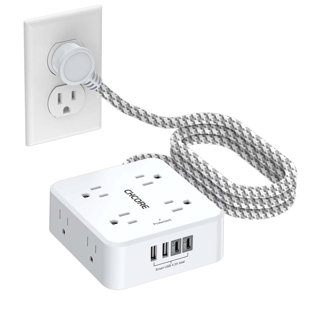 5Ft Braided Extension Cord Power Strip with 8 Outlets and 4 USB Ports, White V98788