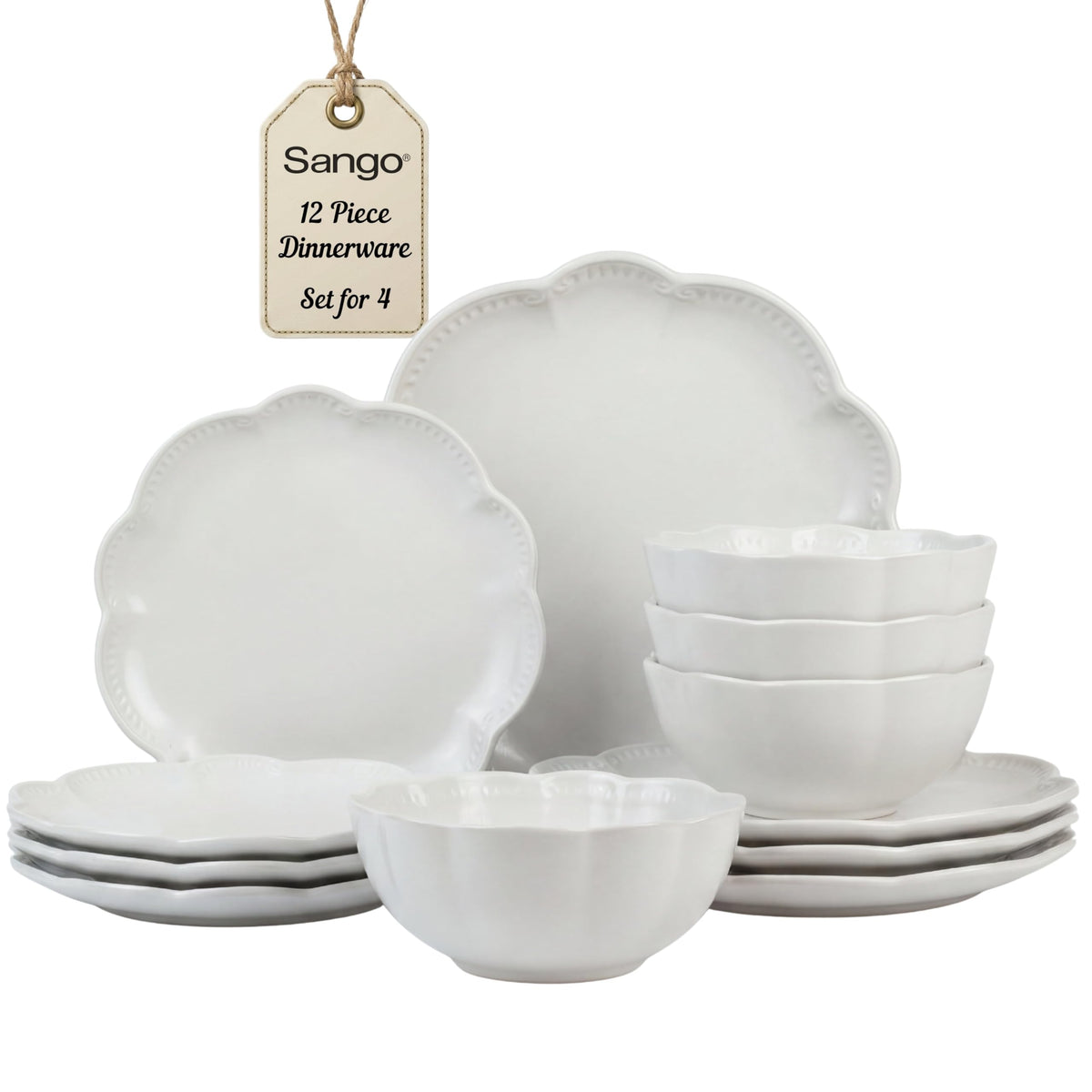 12 Pieces Scalloped White Plates & Bowls Set K9333