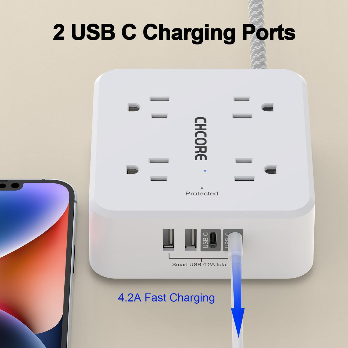 5Ft Braided Extension Cord Power Strip with 8 Outlets and 4 USB Ports, White V98788