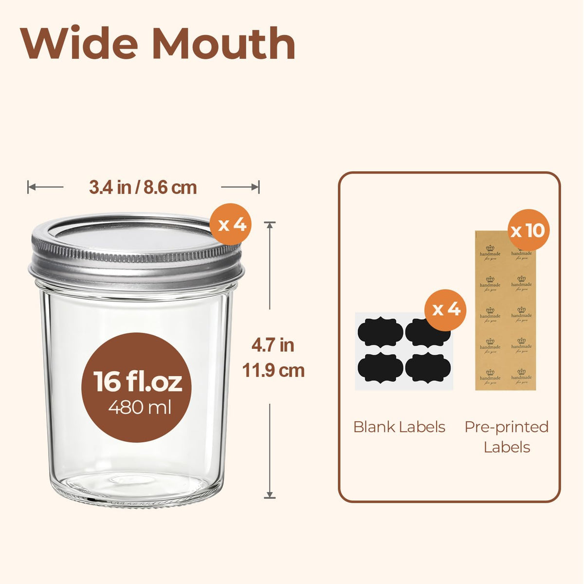 16 oz Wide Mouth Mason Jars 4 Pack G305