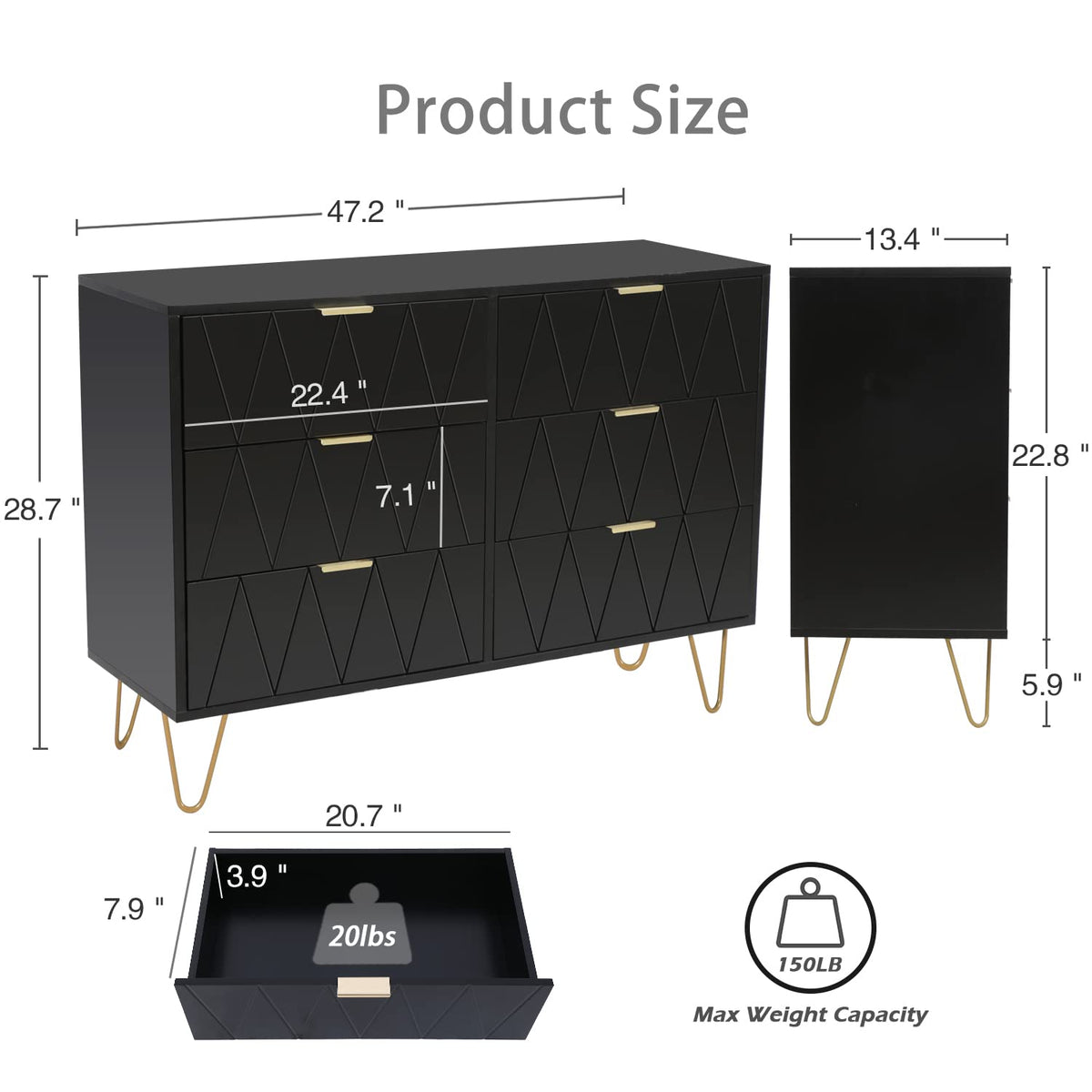Black 6 Drawer Dresser and 2 Drawer Nightstand Set of 2 E859807