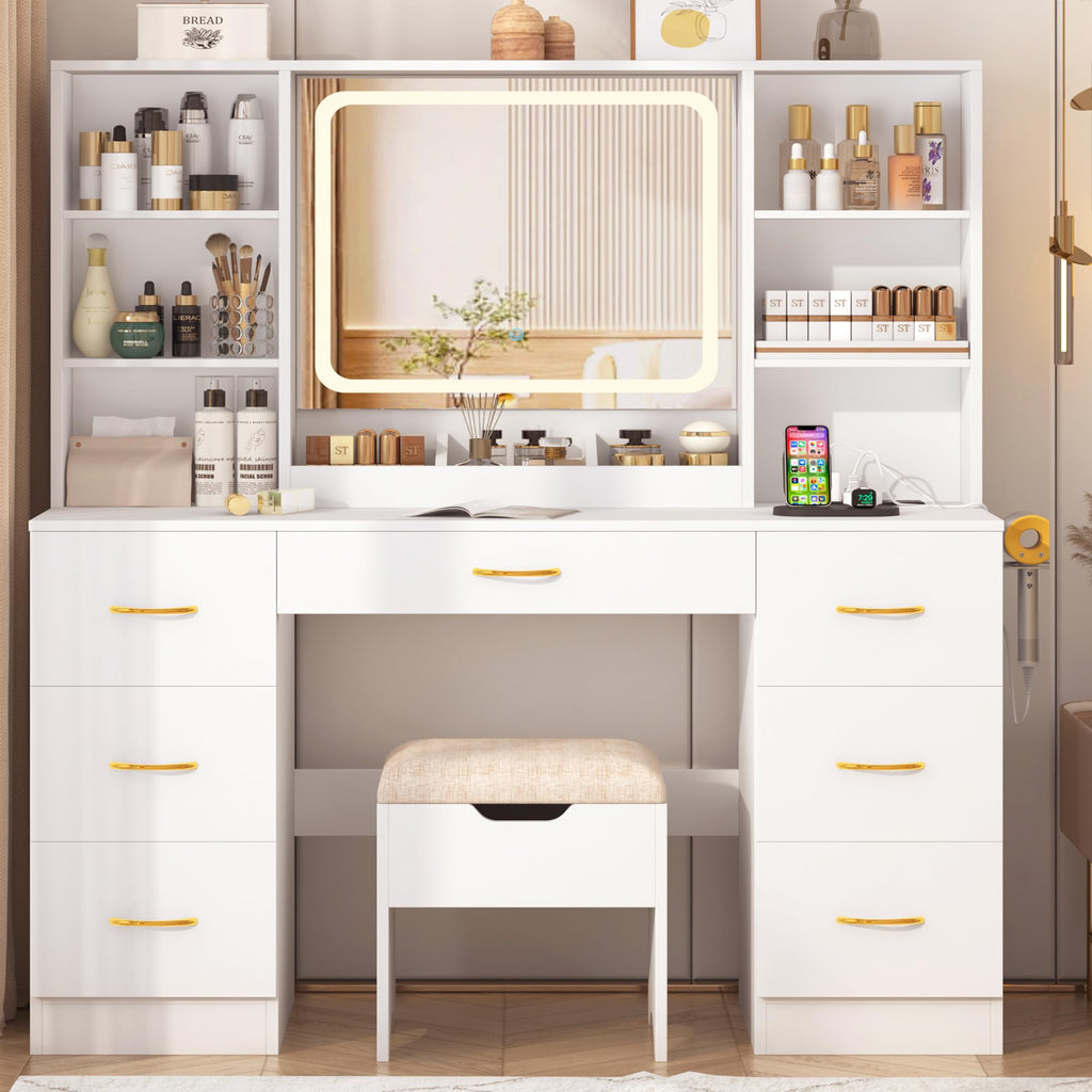 White 47" Makeup Vanity Desk with LED Mirror, Stool & 7 Drawers B736