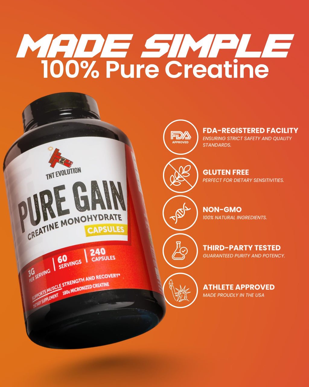 Creatine Monohydrate Capsules 750mg 240 Count Gluten Free V54430