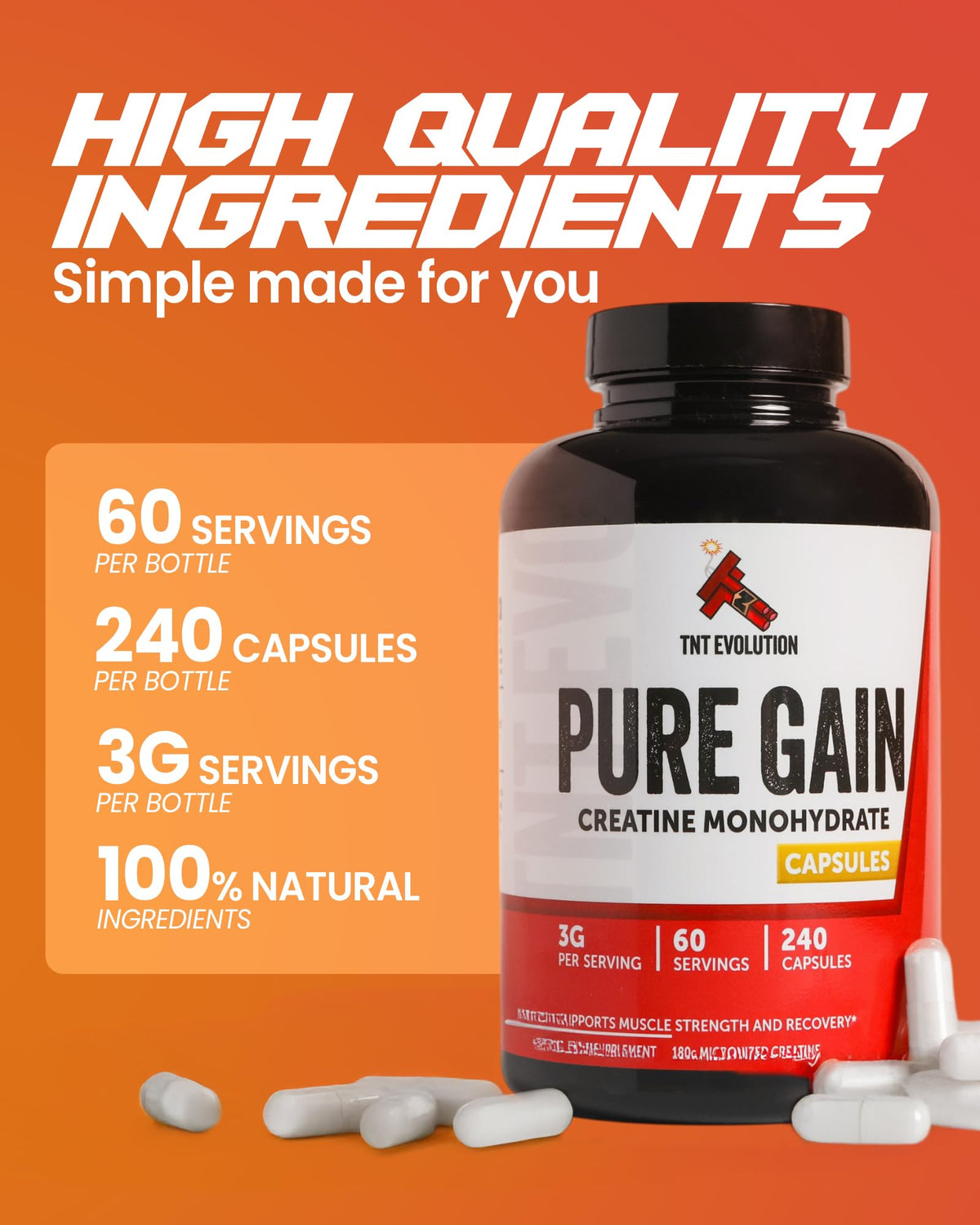 Creatine Monohydrate Capsules 750mg 240 Count Gluten Free V54430