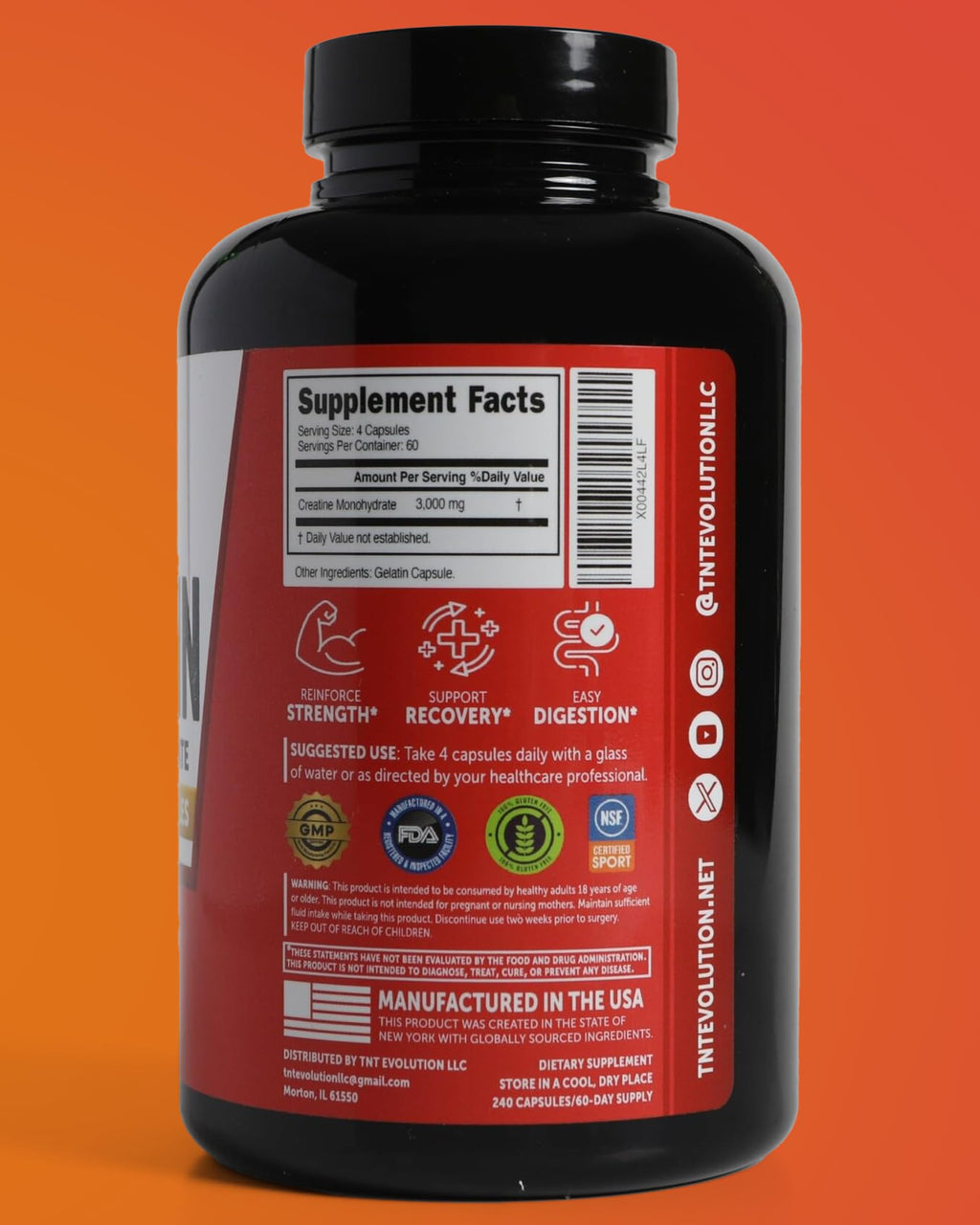 Creatine Monohydrate Capsules 750mg 240 Count Gluten Free V54430