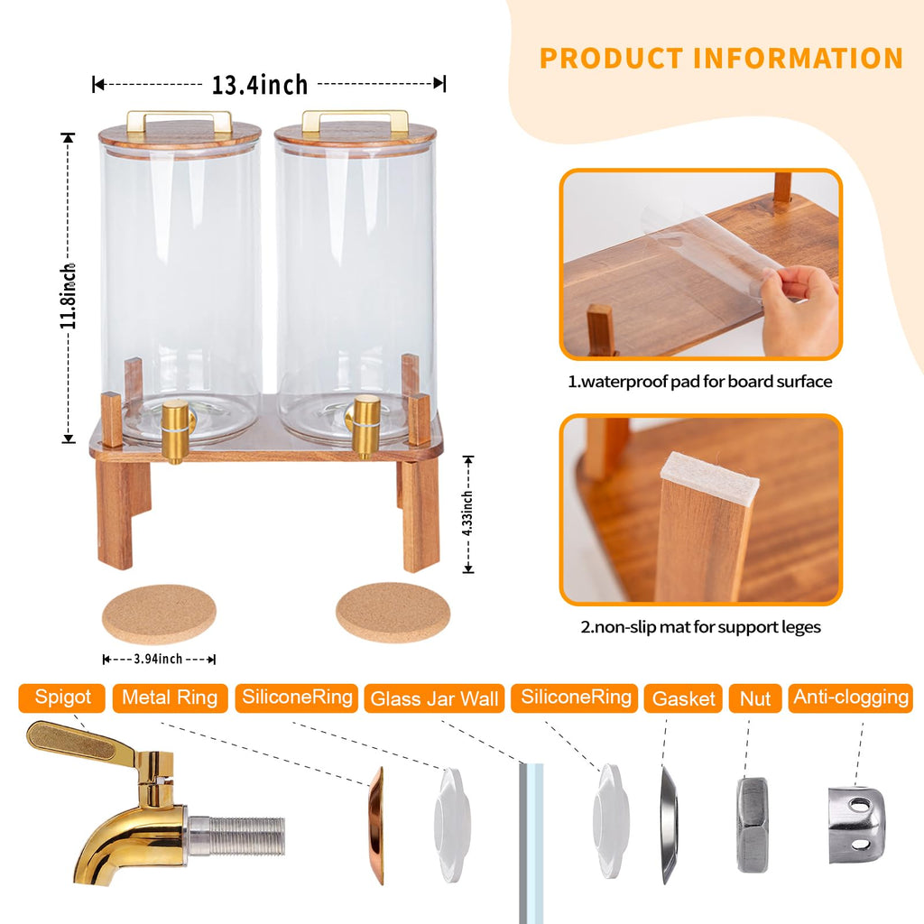 2 Pack 1.5 Gallon Glass Beverage Dispenser with Wooden Lid M807459