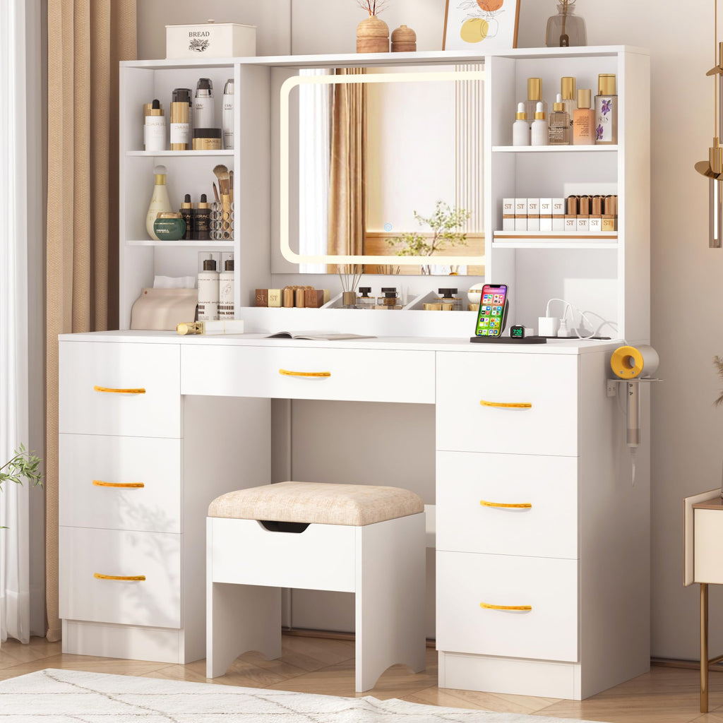 White 47" Makeup Vanity Desk with LED Mirror, Stool & 7 Drawers B736