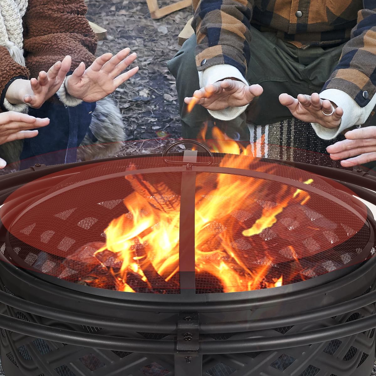 36 Inch Outdoor Fire Pit with Spark Screen Black Y26669