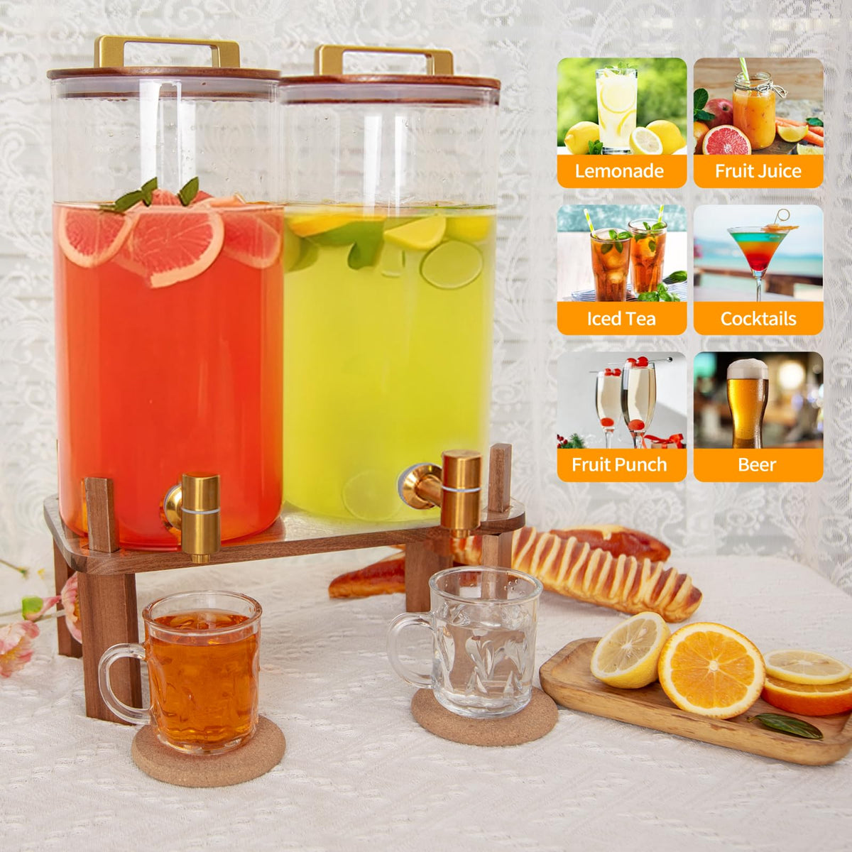 2 Pack 1.5 Gallon Glass Beverage Dispenser with Wooden Lid M807459