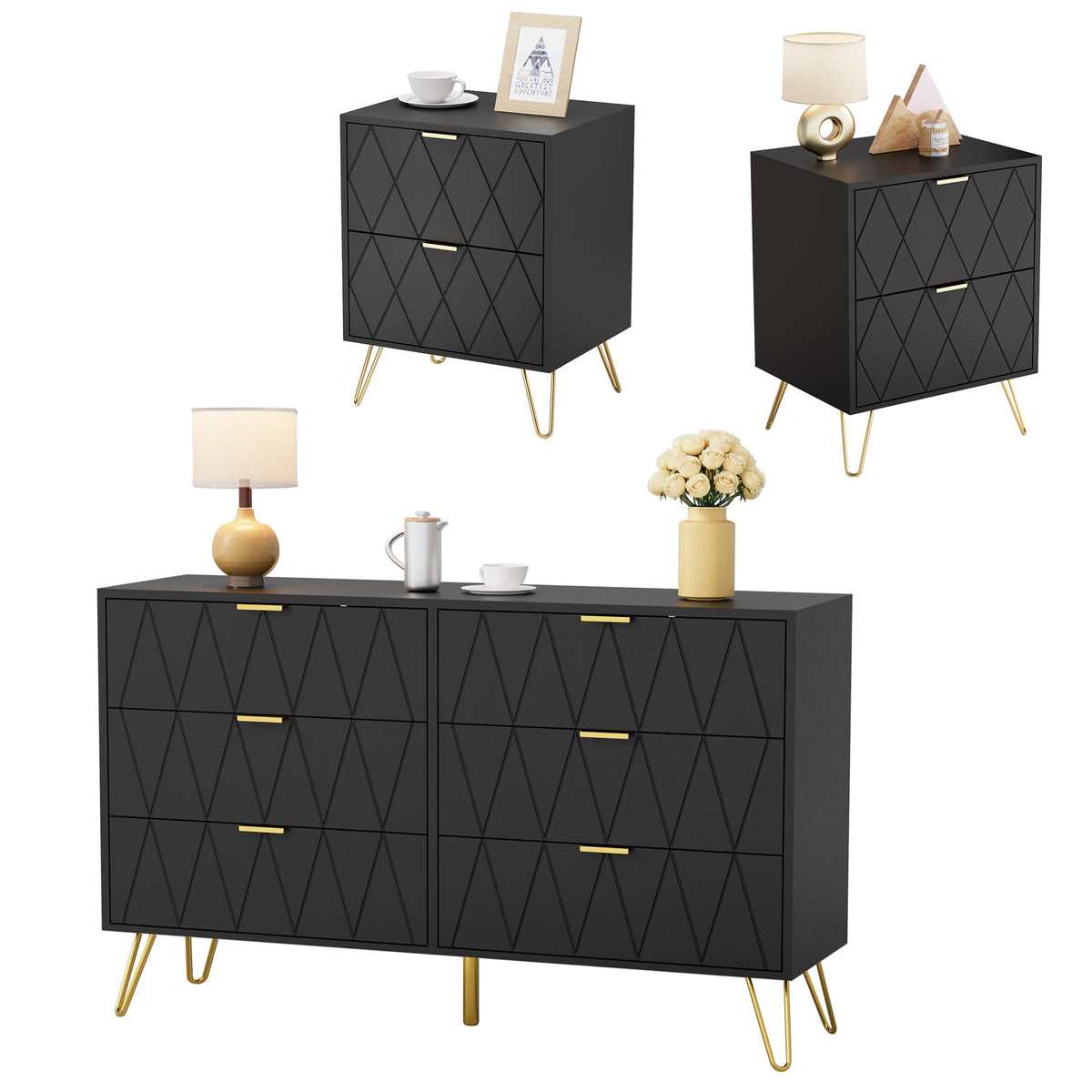 Black 6 Drawer Dresser and 2 Drawer Nightstand Set of 2 E859807