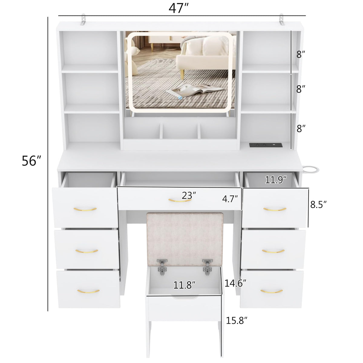 White 47" Makeup Vanity Desk with LED Mirror, Stool & 7 Drawers B736