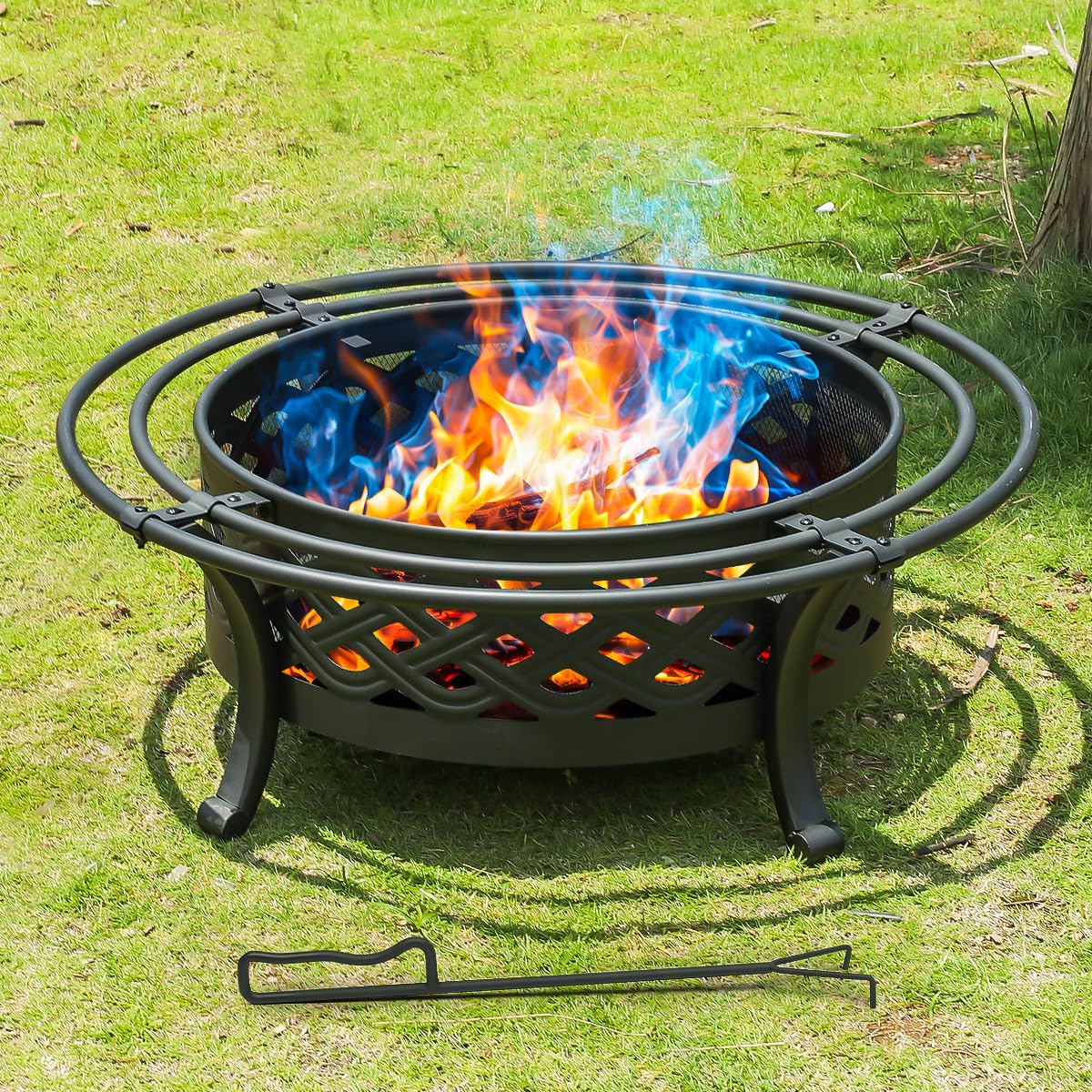 36 Inch Outdoor Fire Pit with Spark Screen Black Y26669