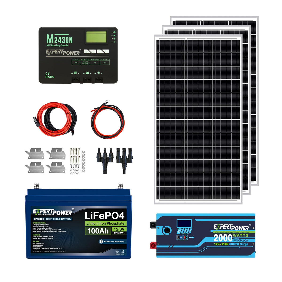 12V 100Ah LiFePO4 Solar Power Kit with 300W Mono Solar Panels N38700