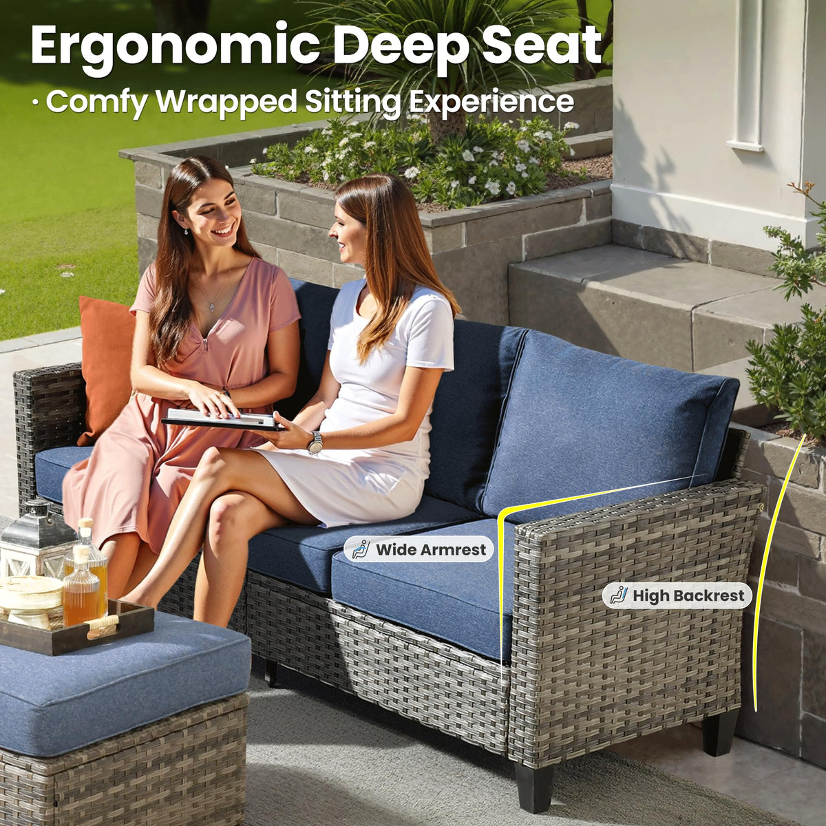 3 Pieces Wicker Patio Sofa Set with Ottomans Denim Blue E143