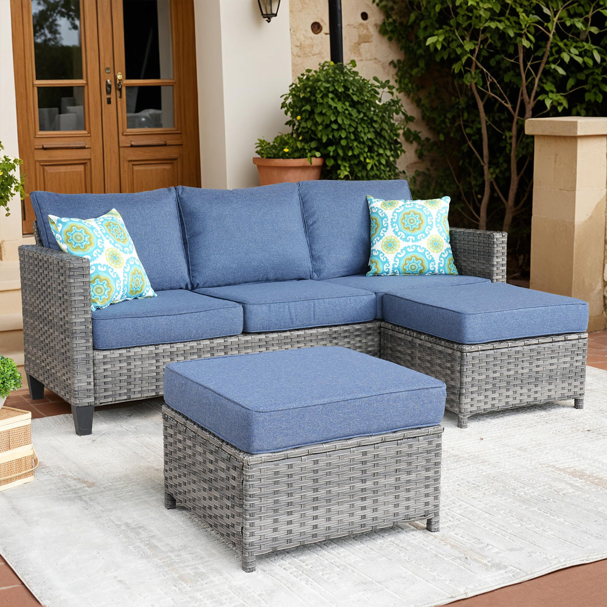 3 Pieces Wicker Patio Sofa Set with Ottomans Denim Blue E143